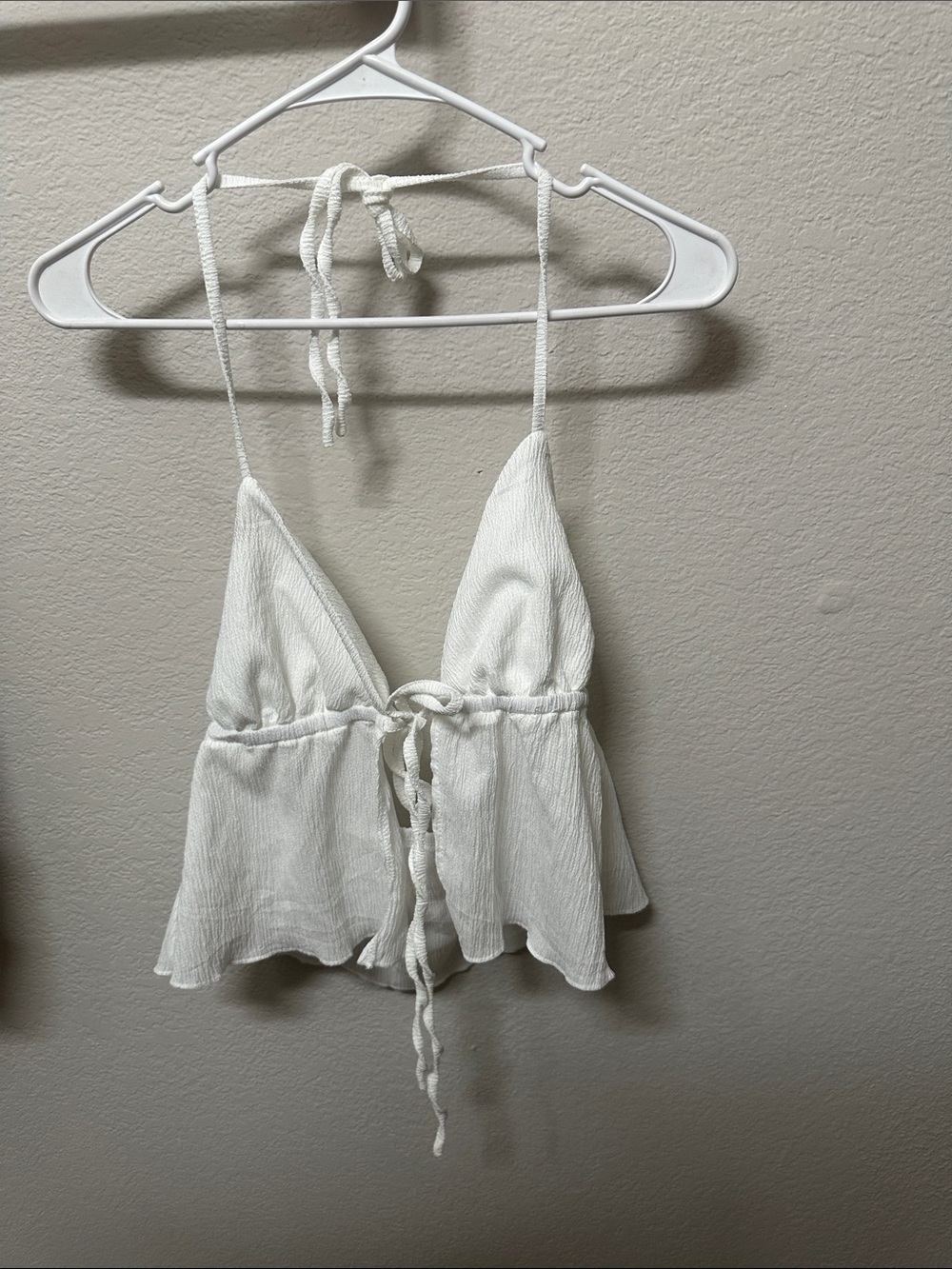White Textured Tie-Front Halter Crop Top